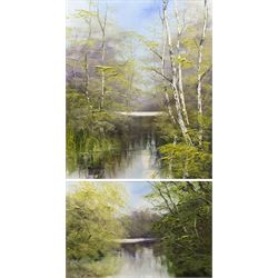 Terence 'Terry' Evans (British 1943-): River Landscape with Silver Birch Trees, pair oils ...