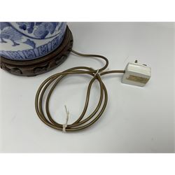 Chinese blue and white table lamp of baluster form, decorated with birds and floral displays, on hardwood base with shade, H78cm