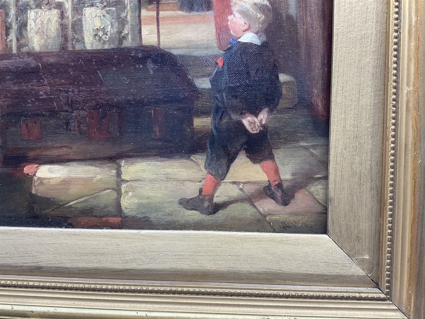 James Lobley (British 1828-1888): Boy Stood Before the Tomb of a Knight, oil on canvas board signed 42cm x 32cm 