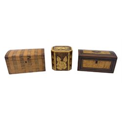 19th century style specimen wood tea caddy, with slightly domed hinged cover, and twin compartmented interior with covers, with key, together with a further 19th century style satinwood banded rosewood tea caddy, also with key, and a late Victorian style pokerwork tea caddy decorated with flowers, (3)