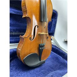 Early 20th century German Ernst Kreusler violin with 36cm two-piece maple back and ribs and spruce top, bears label 'Ernst Kreusler Dresden Anno 1925  Hand made reproduction of Antonius Stradivarius Cremona', overall L59cm; in hard carrying case