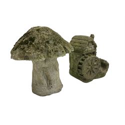 Composite stone garden ornament in the form of a mushroom together with another similar of a windmill (2)