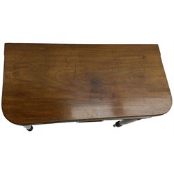 Victorian mahogany tea table, rectangular swivel fold-over top with rounded corners, on ring turned supports 