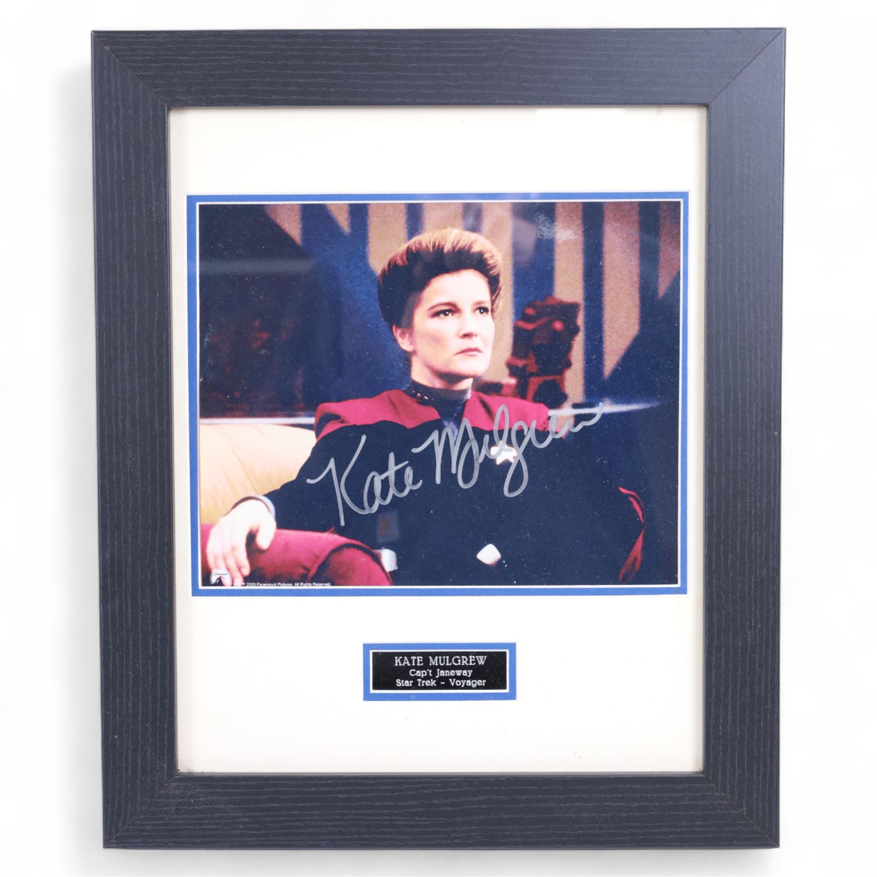 Star Trek Generations 'Two Captains, One Destiny' William Shatner (Captain James T Kirk) and Patrick Stewart (Captain Jean Luc Pickard) limited edition signed photographs, on wooden display board with plaque, limited edition no. 39/995, together with a framed Kate Mulgrew (Captain Janeway) signed photograph, tallest frame H42cm