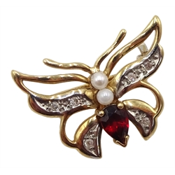  Gold diamond, garnet and pearl butterfly brooch, hallmarked 9ct  