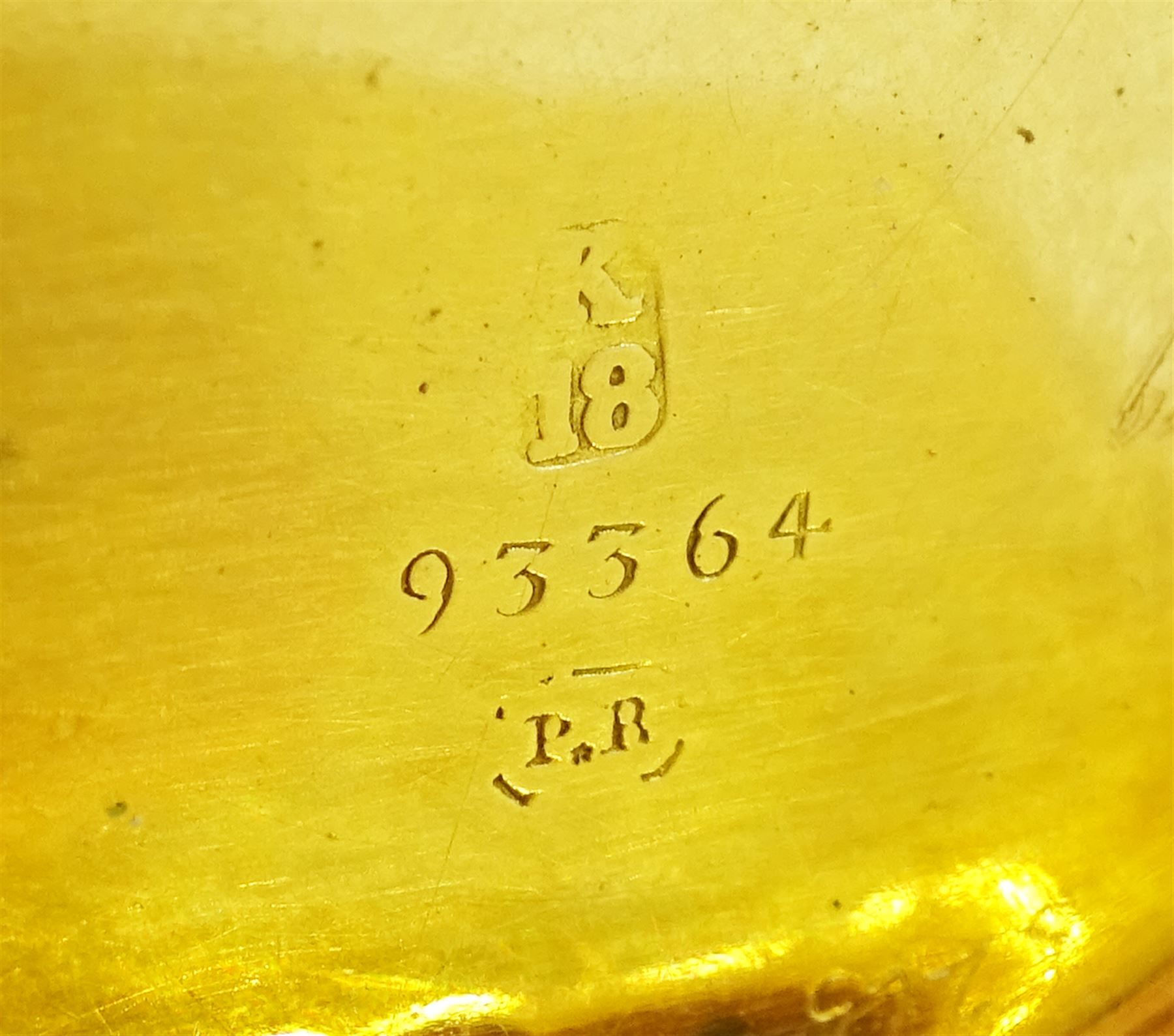 19th century 18ct gold open face, keyless cylinder fob watch, gilt dial with Roman numeral hour markers, case with engraved foliate decoration, stamped K18