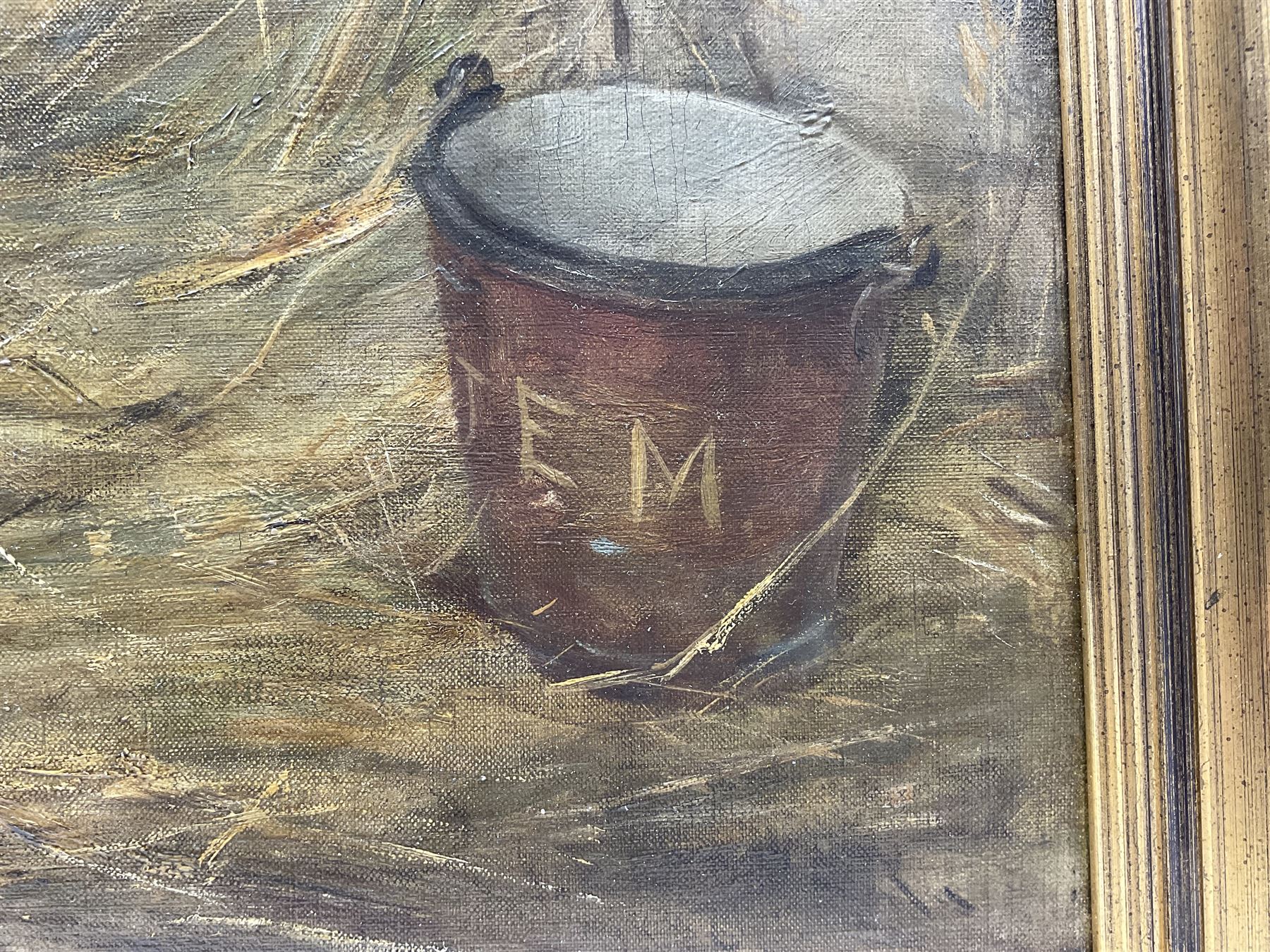 J E M (Early 20th century): Portrait of a Bay Hunter in Stable setting, oil on canvas signed with initials on the water bucket 72cm x 82cm 