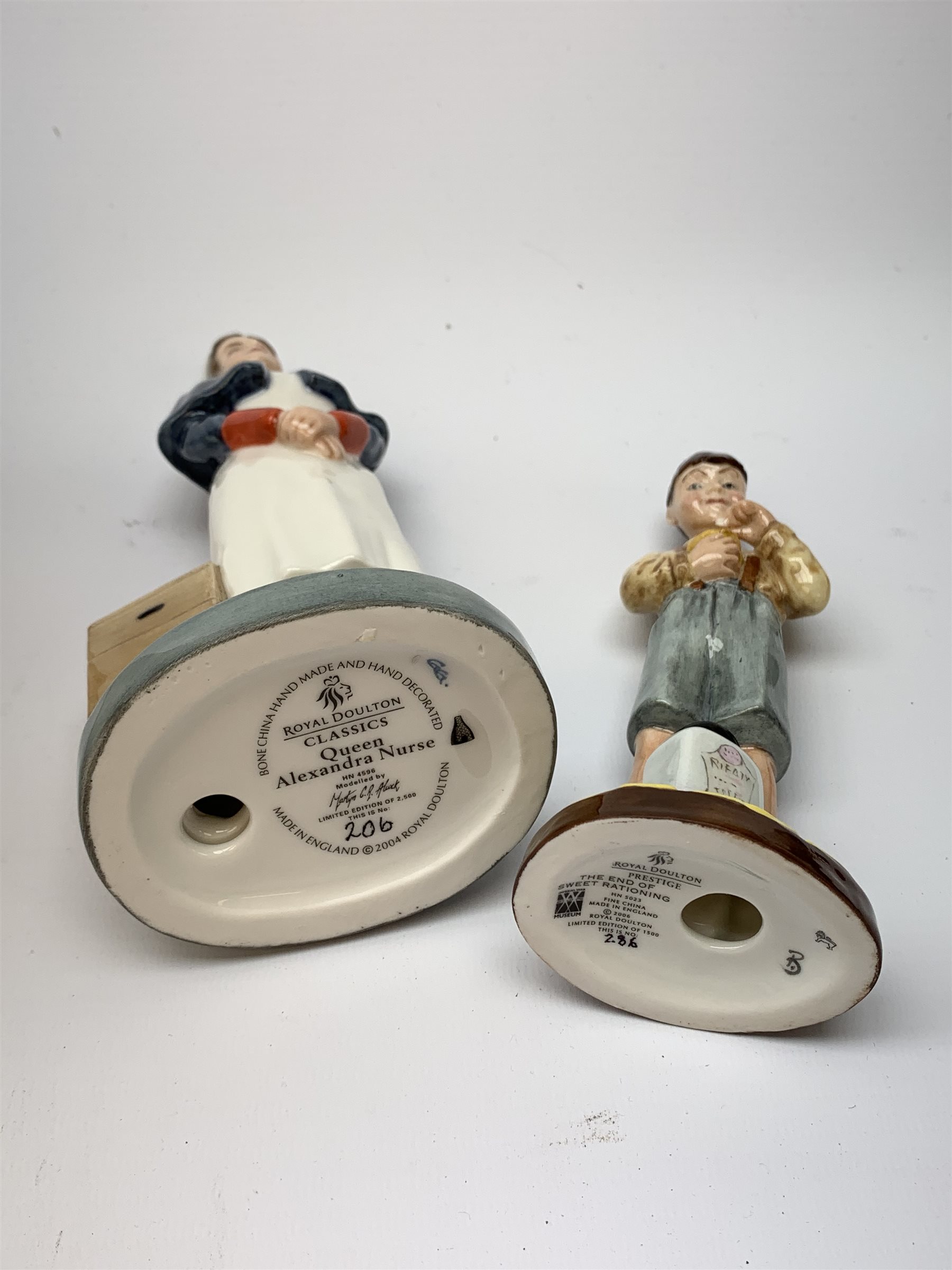 A limited edition Royal Doulton figurine, Queen Alexandra Nurse HN4596, 206/2500, with box and certificate, together with another limited edition Royal Doulton figurine, The End of Sweet Rationing, HN5023, 286/1500, with box and certificate. 