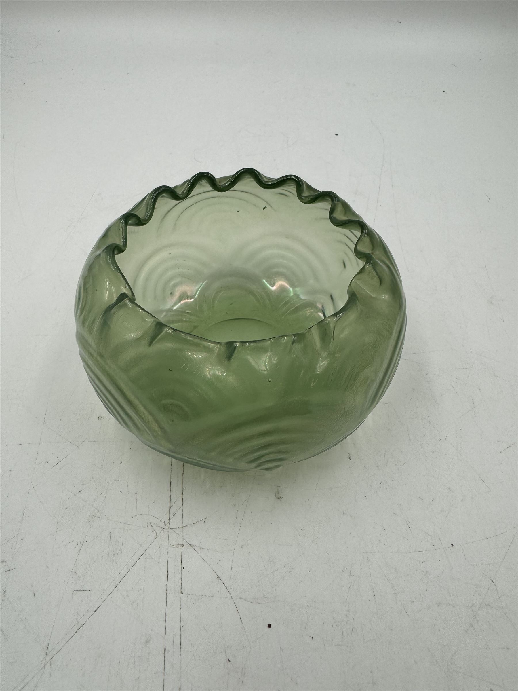 Three Austrian Art Nouveau iridescent glass vases, including a Kralik example of tapering form, with pearlescent lustre body and applied green flower decoration, tallest H18cm