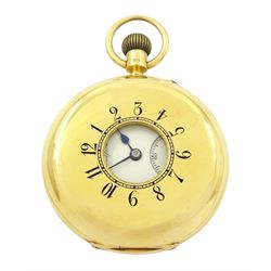 Edwardian 18ct gold half hunter keyless lever presentation pocket watch by Manoah Rhodes & Sons, Bradford, No. 16317, white enamel dial with Arabic hour markers and subsidiary seconds dial, back case monogrammed with initials, markers mark JG, London 1907, in original silk and velvet lined case