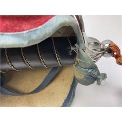 Reproduction Scottish basket hilted broadsword with 85cm double edged steel blade and red lined basket hilt with wire bound grip, in white metal mounted leather scabbard 107cm overall