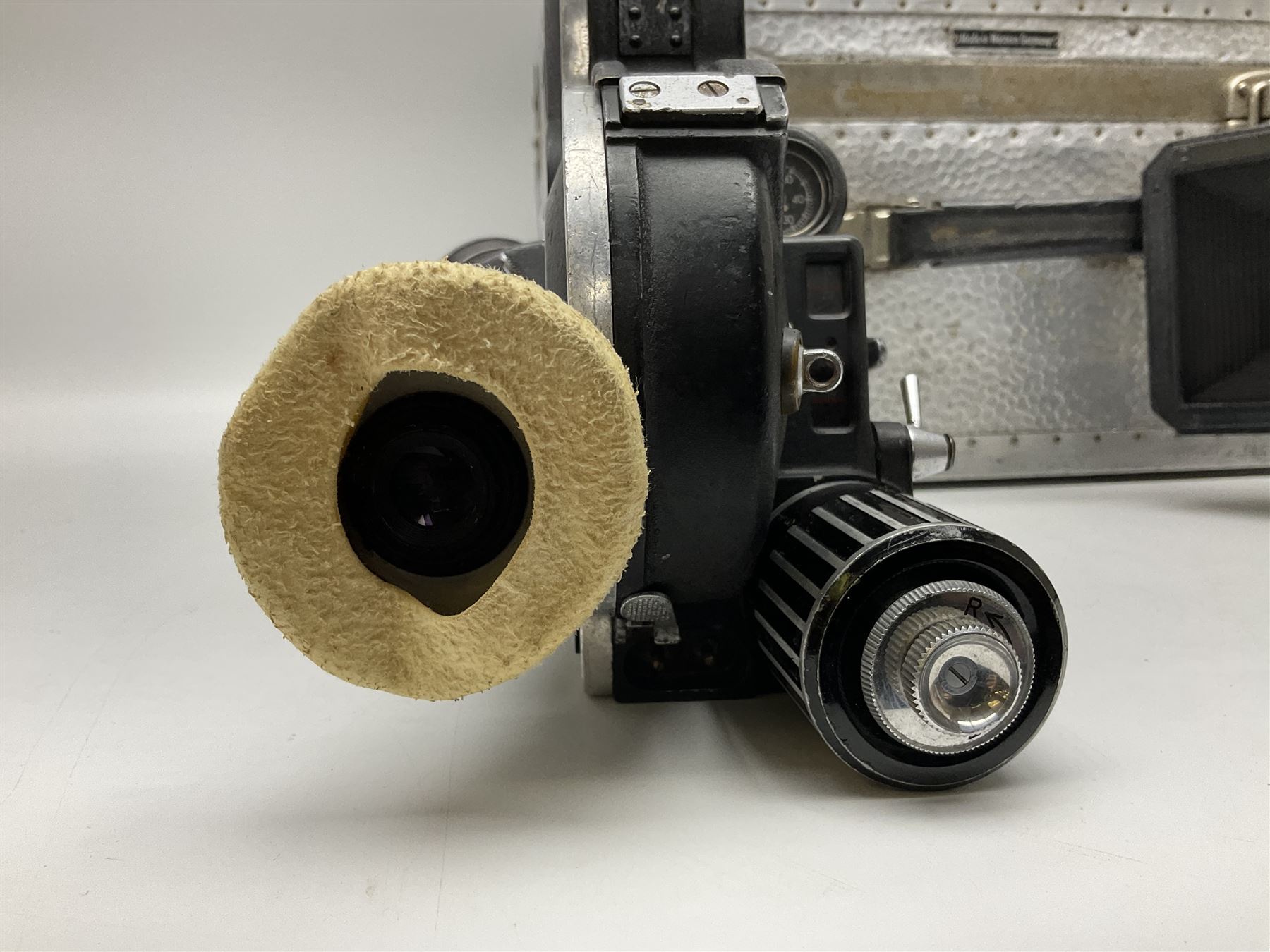 Arriflex 16SB camera body, serial no. 1784, with ' Carl Zeiss Distagon 1:2 f=8mm' lens, serial number 3860224, 'Carl Zeiss Jean Tessar 2/16' lens, serial no 3624355, camera pistol grip and other accessories, in fitted hard case