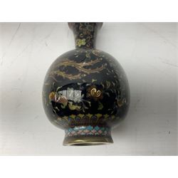 Pair of 19th/ early 20th century Cloisonne vases with  bulbous bodies, decorated with Cockerels in flight on a black floral ground, H12cm together with a Canton enamel bowl decorated with scrolling foliage on pink ground (3)