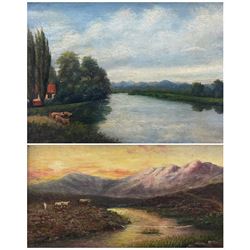 English Primitive School (19th/20th century): Cows Watering at River, oil on canvas signed H J 25cm x 35cm; Scottish Naive School (19th/20th century): Sheep on the Moors, oil on canvas unsigned 20cm x 39cm (2)