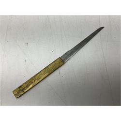 Japanese Tanto with 28.5cm steel blade and cord bound grip; in red spotted black lacquer saya containing a kogai knife with etched characters to the blade and ornate fern leaf and snake handle