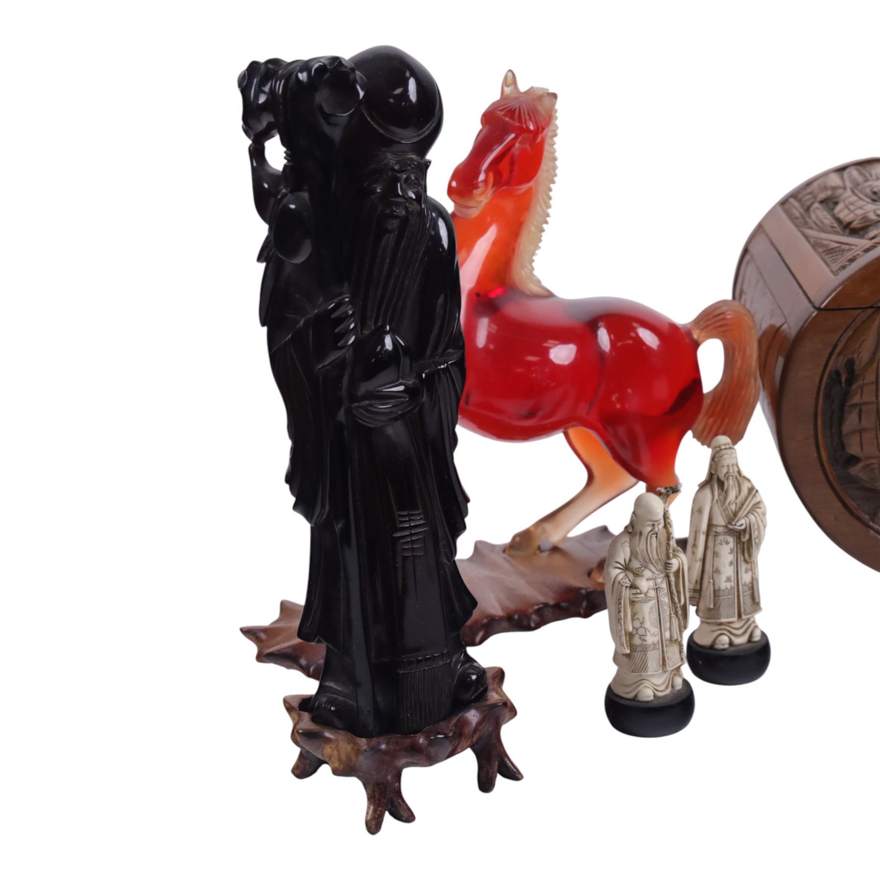 Pair of Chinese figures, modelled as Shou Xing and Quan Yin, togehter with a carved wooden box, resin horse and four other figures