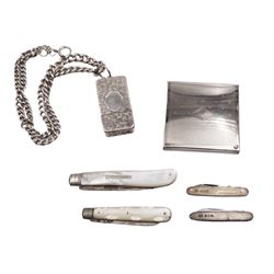 Victorian silver vesta case, of rectangular form with rounded corners, with two compartments, engraved with foliate decoration with blank circular cartouche, on a tapering silver chain, Birmingham 1876, maker's mark CS, together with a silver mounted compact mirror and four silver fruit knives, all hallmarked 