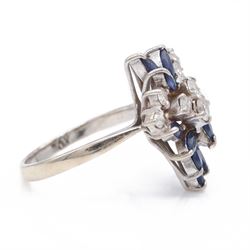 White gold sapphire and diamond cluster ring, set with eight round brilliant cut diamonds and twelve marquise cut sapphires, stamped 18ct, total diamond weight approx 0.45 carat