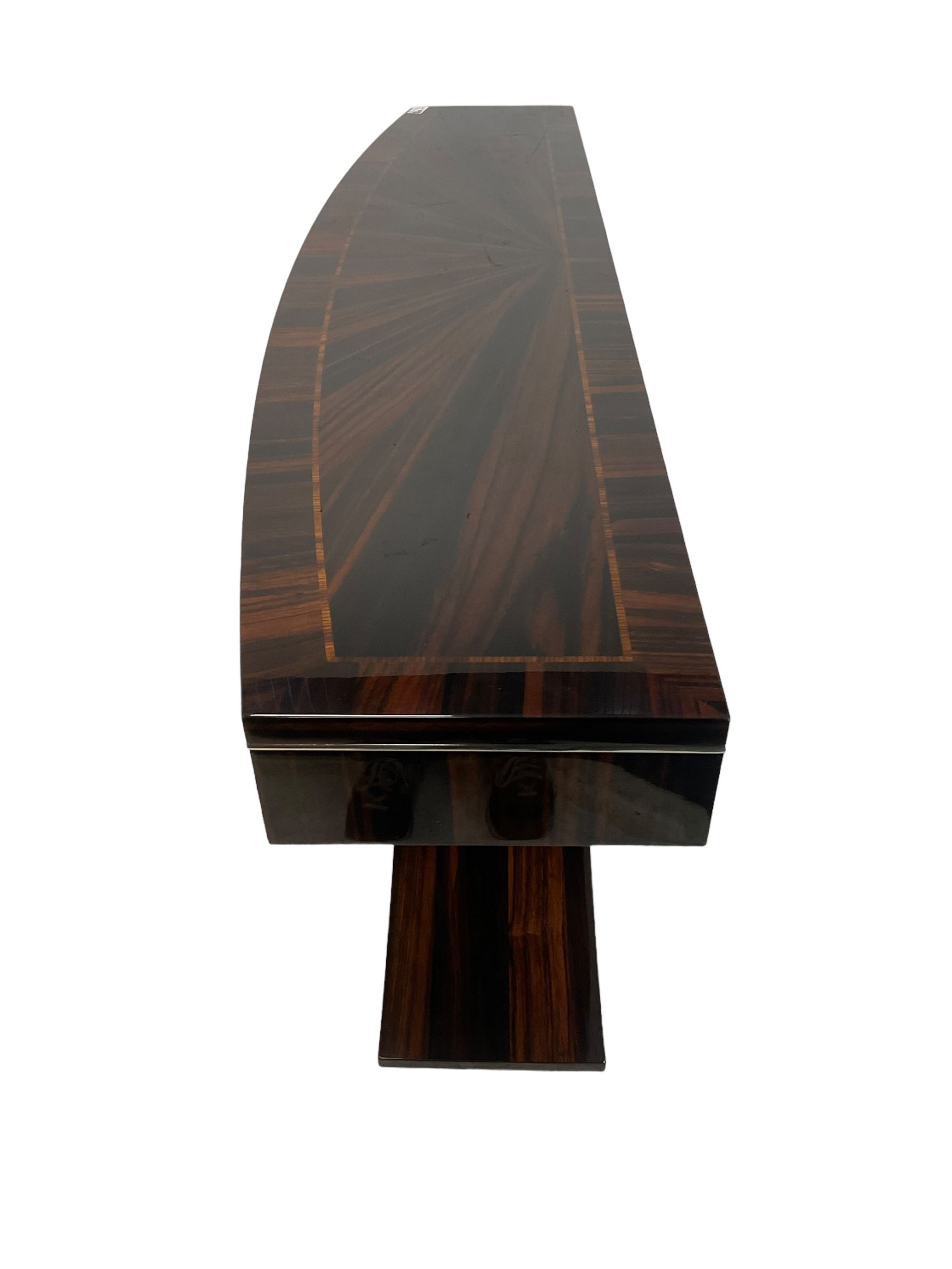 Giorgio Collection - Art Deco design macassar ebony 'Luna' console table, rectangular bow-front top with cross-banding and sun-burst veneer, fitted with single drawer, raised on a curved U-shaped base, retailed by Harrods