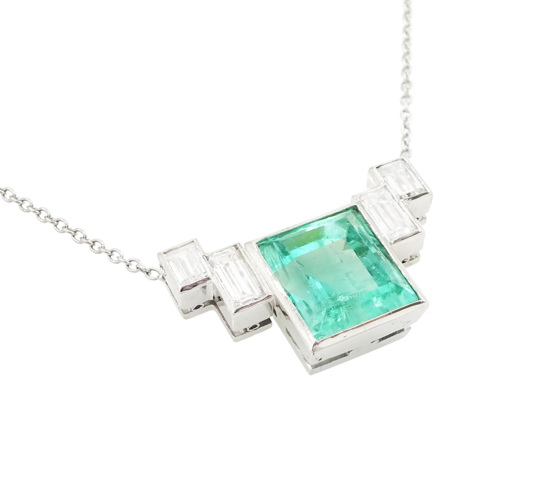 Platinum Siberian emerald and diamond necklace, single rectangular cut emerald of approx 5.70 carat, with two rectangular cut diamonds set either side, to a trace link chain necklace, hallmarked, total diamond weight approx 0.70 carat, the GCS certificate