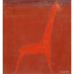 Mark Haynes (British 20th century): 'A Dancing Giraffe in Red', oil on board signed 35cm x 33cm 