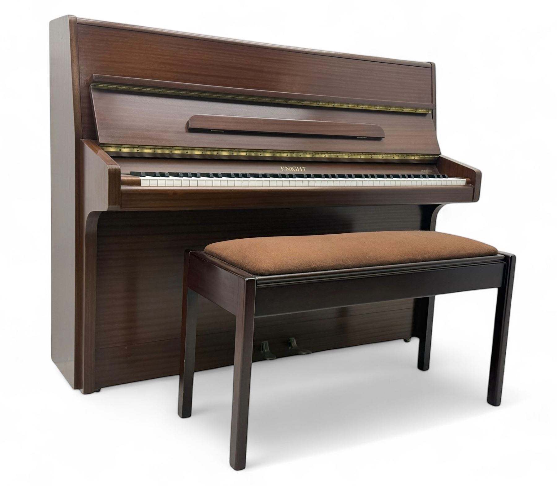 Knight - 20th century upright piano, in polished mahogany case with fall-front lid and twin brass pedals, complete with matching storage bench upholstered in brown fabric with receipt from Harrods (H 50cm x D 37cm W 95cm) 