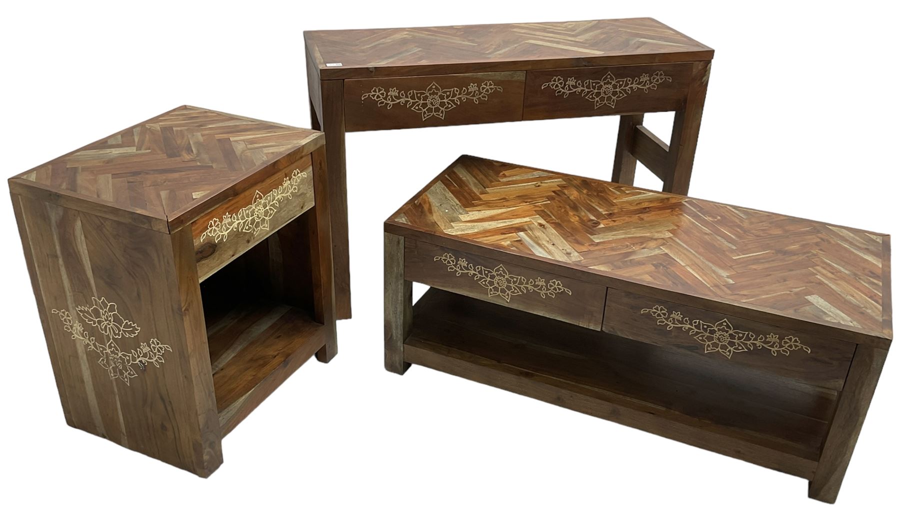 Joe Browns - hardwood lounge set; rectangular coffee table fitted with two drawers and under-tier (114cm x 50cm, H46cm); console table fitted with two drawers (W110cm, H76cm, D40cm); and a side table fitted with single drawer (W55cm, H66cm, D42cm)