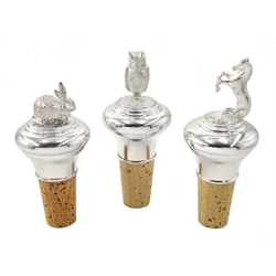 Silver bottle stoppers in the form of a rearing horse, a rabbit and an owl by L R Watson Birmingham 2007-2013 boxed (3)