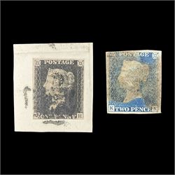 Great Britain Queen Victoria penny black stamp, tied to piece with black MX cancel and 1840 two pence blue 