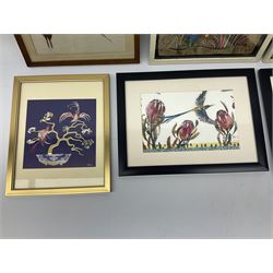 Mexican School (20th century): Birds of Paradise, pair Amate bark paintings together with four further pictures of birds max 31cm x 23cm (6)