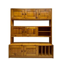 Mid-20th century pitch pine wall unit, fitted with assorted shelves and cupboards 