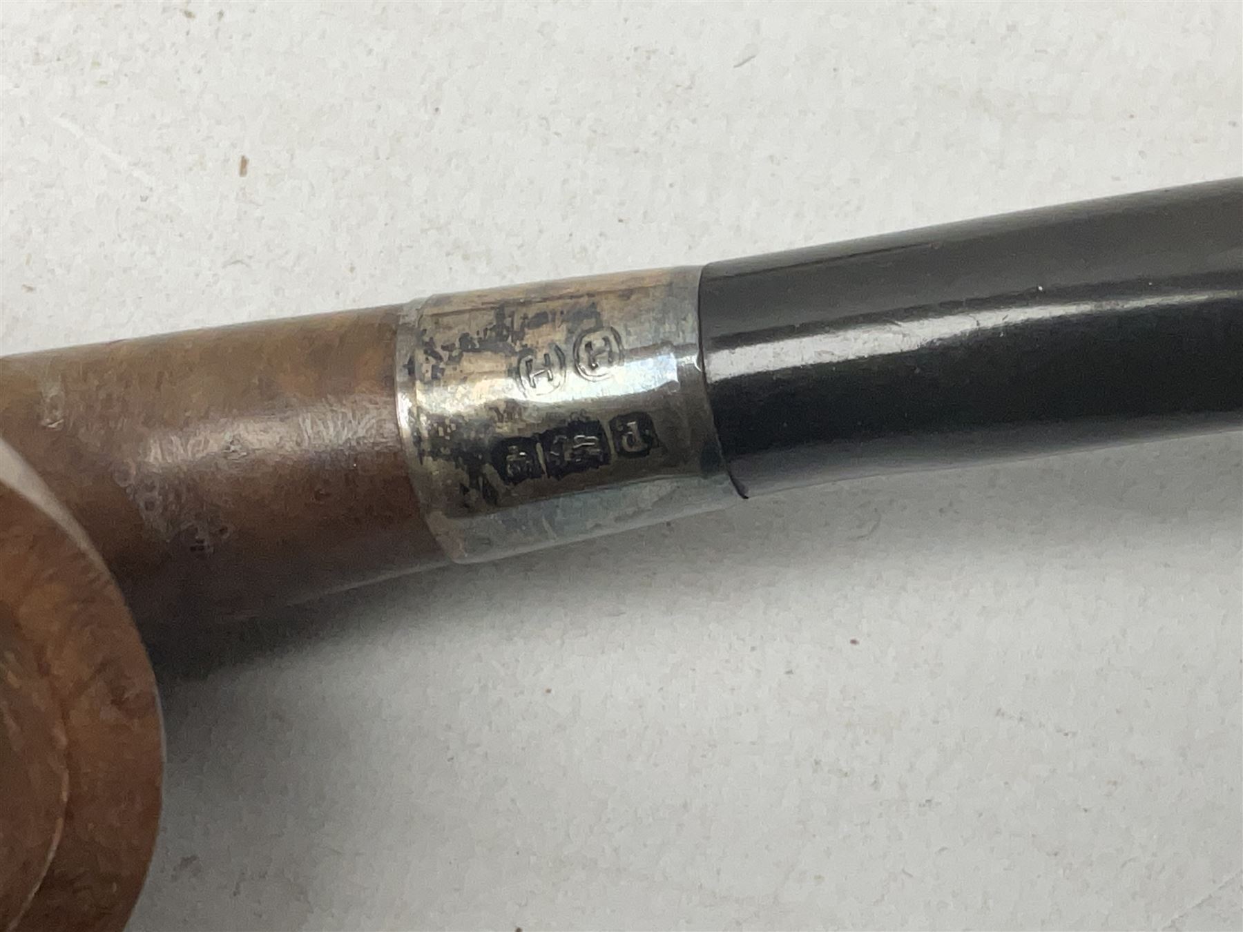 Collection of eight silver mounted pipes, comprising a briar wood Imperial ITC example with silver collar hallmarked A.W Birmingham 1903, horn handled example with silver collar hallmarked LB, probably Louis Blumfeld, Birmingham 1900, three examples marked B.W, one marked Globe A.O.C, Blumfeld's Best Briar pipe marked BBB and Riseagle example, together with two further pipes (10)