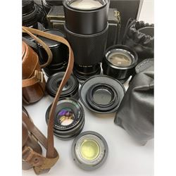 Vintage cameras lenses and accessories including Olympus 'OM10' camera body, Olympus 'OM4' camera, 'Olympus OM-System Zuiko auto-zoom 35-70mm 1:4' lens, various other lenses, tasco binoculars etc, in one box