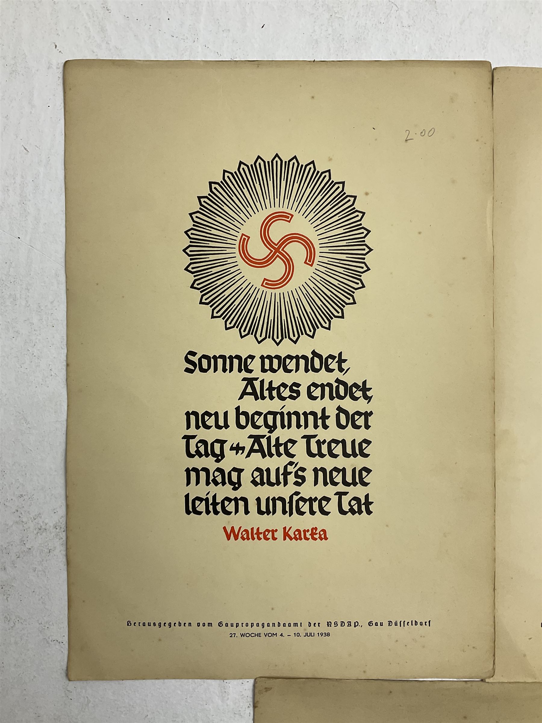 Collection of eight pre-WW2 German Propaganda poster style cards each printed in black and red with sayings by NSDAP leaders and German historical leaders,  featuring quotes by Adolf Hitler, von Goethe, Rosenberg, Magnus Wehner, Moltke, Kolbenheyer etc, each dated 1938 35 x 23.5cm unframed (8)