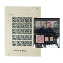 Queen Victoria and later Great British stamps, including five shillings, three pence block of four, block of twenty King George VI used ten shillings dark blue etc