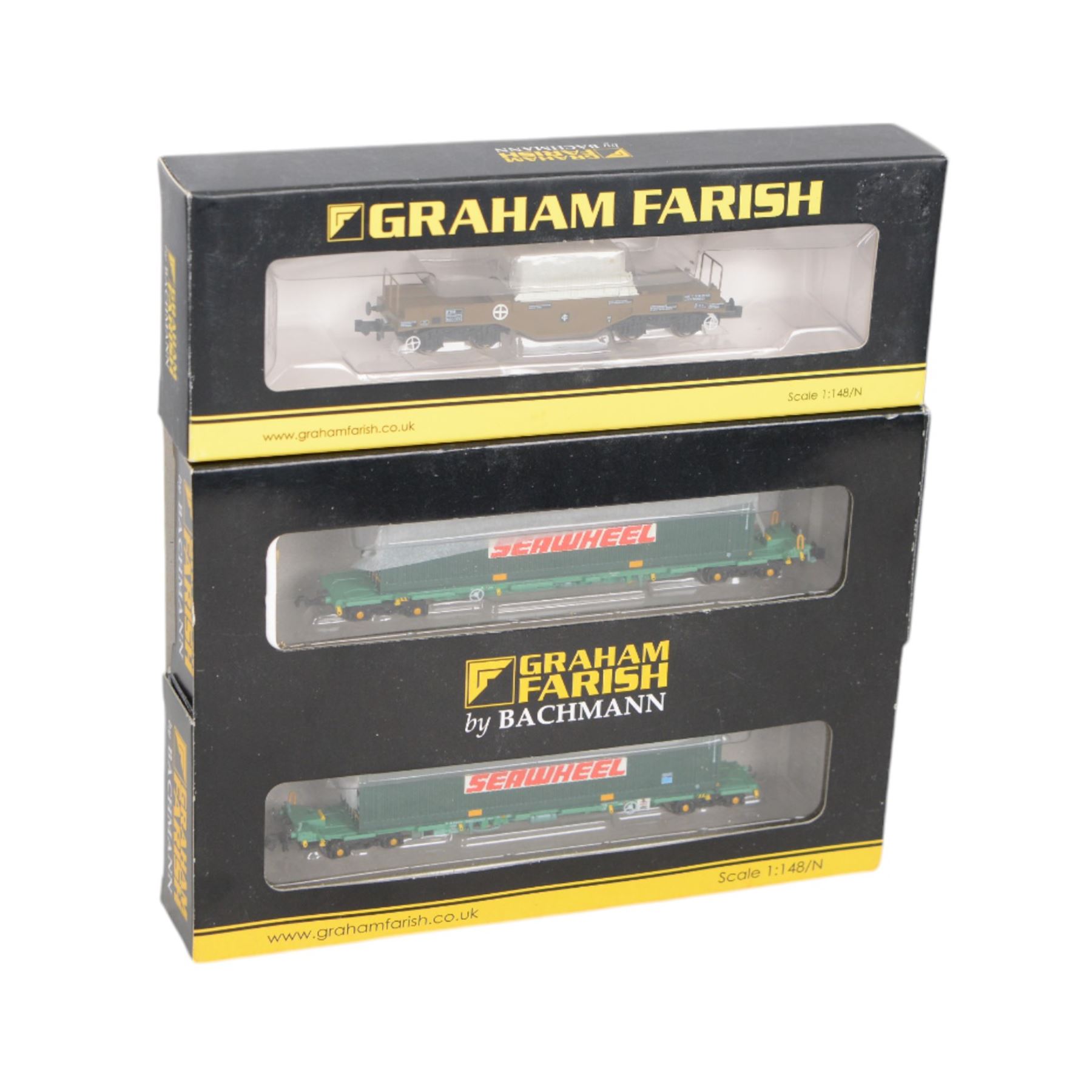 Graham Farish 'N' gauge rolling stock, comprising 373-785 Set of TTA Tank Wagons Shell Black Weathered, two 377801 FNA Nuclear Flask Wagon Flat Floor 550023, 377802 FNA Nuclear Flask Wagon Sloping Floor 550038, two 377075Y 7 Plank Wagons Leamington Priors and 377350 International Bogie Wagon with 45 Containers 'Seawheel', all boxed 