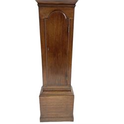 G Fortier of Sittingborn - Early 19th century 8-day mahogany longcase clock c1825, with a break arch pediment and hood door flanked by reeded pilasters with brass capitals, plain case with a long trunk door with a conforming break arch top, plinth with applied skirting, painted dial with upright Arabic numerals, date  and seconds dials, floral spandrels and a rural depiction of a country house and river to the arch, replacement steel hands with brass pointers to the calendar and seconds dials, dial pinned directly to a rack striking movement. With weights, pendulum and winding key.