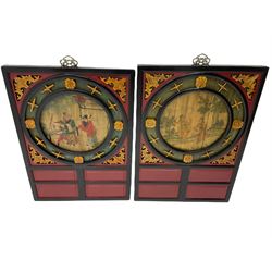 Pair 19th century Chinese gilt and painted screens, circular panel depicting figures and musicians, pierced and carved decoration and stylised flower head motifs