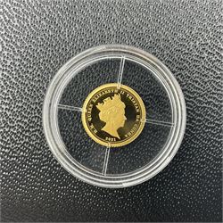 Eleven Queen Elizabeth II miniature gold coins, each being 0.5 grams of 24 carat gold, including Tristan da Cunha 2020 'Laurel', Solomon Islands 2020 '80th Anniversary of the Battle of Britain' etc, all with certificates