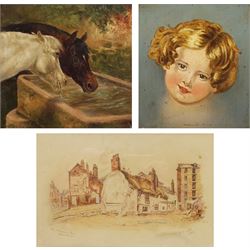 Edwin Robert Beattie (British 1845-1917): 'The Virgins Inn Buck View', watercolour signed titled and dated 1895, 15cm x 22cm; English School (19th century): Horses Drinking, oil on board indistinctly signed 21cm x 22cm; Portrait of a Young Boy, oil on panel unsigned 12.5cm x 11cm in ornate gilt frame (3)