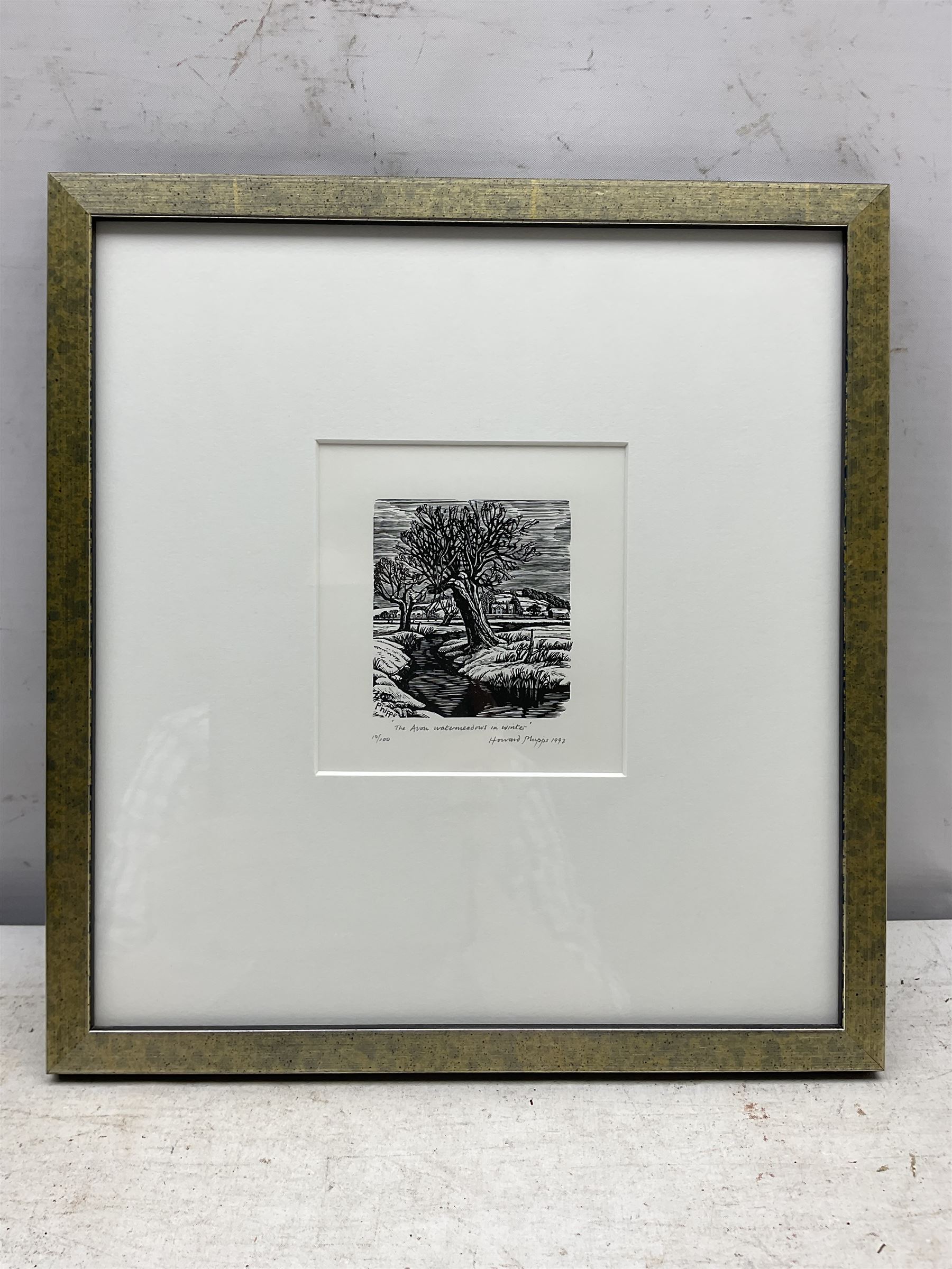 Howard Phipps (British 1954-): 'The Avon Water Meadows in Winter', wood engraving signed titled dated 1993 and dated 10/100 in pencil 7cm x 8cm