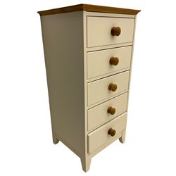 Cream finish chest, fitted with five drawers, oak top