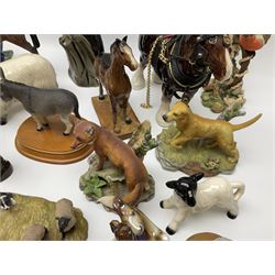 Beswick pigeon no 1383 and a collection of other ceramic animal figures including Campsie Ware lustre budgies, Kowa red fox and Labrador, two shire ponies, two sheep, etc 