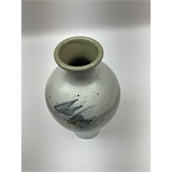 Studio pottery vase of baluster form with a light mottled blue ground with abstract painted decoration, H26cm