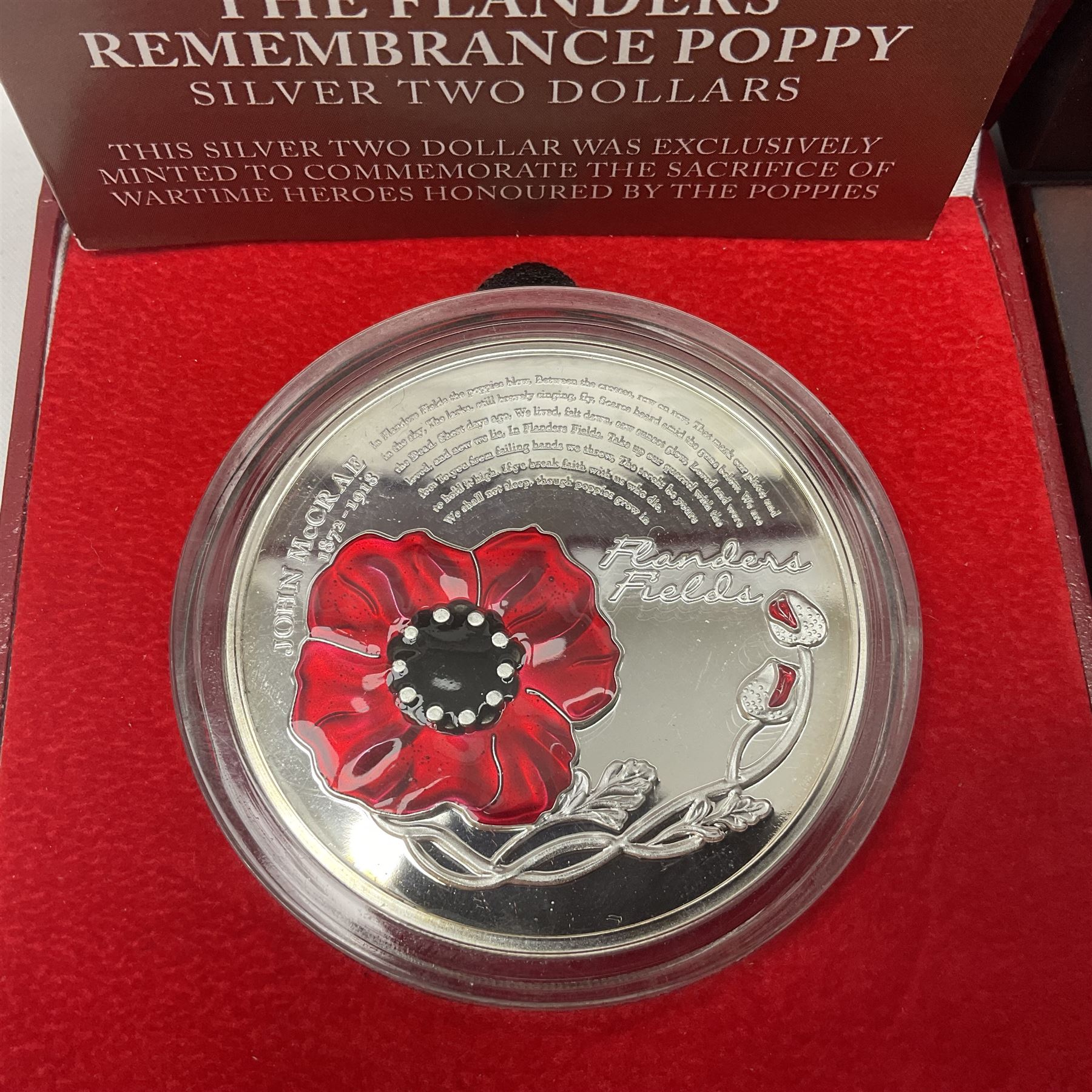 Six Queen Elizabeth II silver proof coins, comprising Government of Niue 2018 ‘The Flanders Remembrance Poppy’ two dollars, Solomon Islands 2020 ‘80th Anniversary of the Battle of Britain’ five dollars, Alderney 2019 ‘The 75th Anniversary of D-Day’ five pound, Alderney 2019 ‘Remembrance Day’ five pound, Bailiwick of Jersey ‘Prince Philip 70 Years of Service’ five pound, Pobjoy Mint Gibraltar 2020 ‘Penny Black’ fifty pence coin, with further Pobjoy Mint Gibraltar 2020 proof sterling silver piedfort ‘Penny Black’ fifty pence coin, all boxed with certificates
