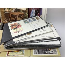 First day covers, PHQ cards and stamps, including small number of mint Queen Elizabeth II stamps, Elizabeth and Philip Diamond Wedding Anniversary 2007 Gibraltar two pound coin cover etc, in one box