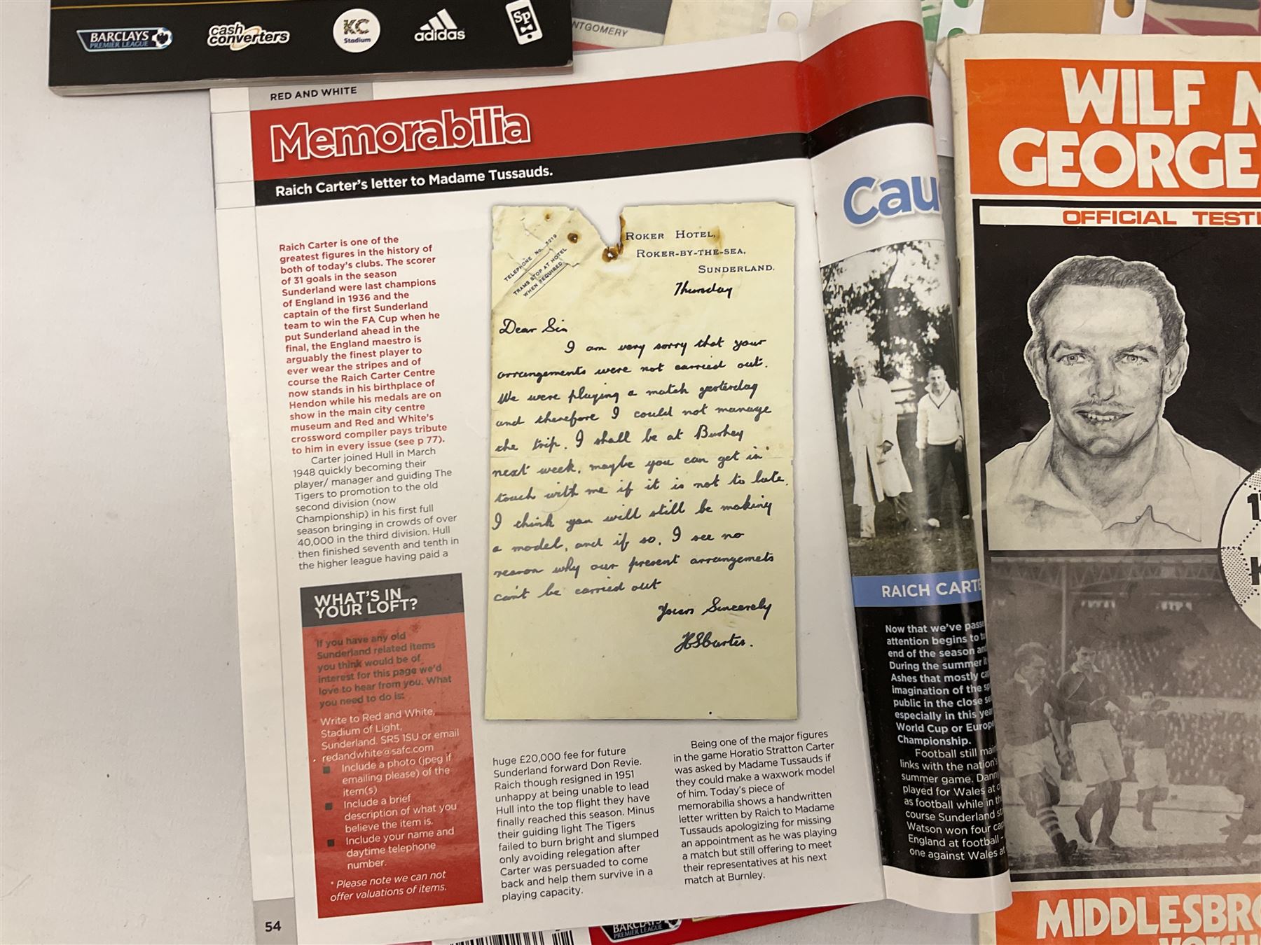 Raich Carter interest - four Hull City Tiger Mags 1949-50 and Promotion Souvenir 1948/49; Sunderland, Leeds, Middlesbrough, Hull City and England match programmes; Victor pirate F.A. Cup Final programme 1951; various magazine articles etc. Provenance: By direct descent from the family of Raich Carter having been consigned by his daughter Jane Carter.