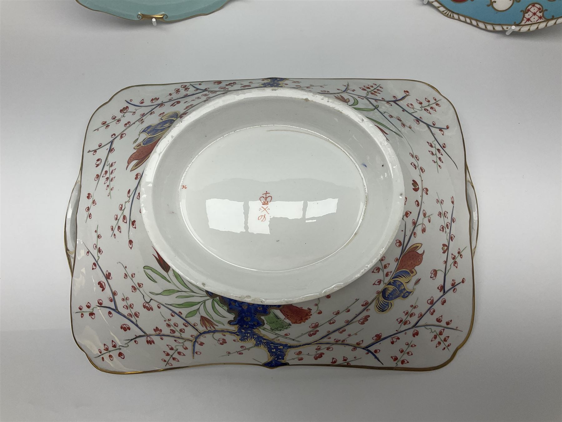 19th century Royal Crown Derby in cherry tree pattern, twin handled sauce dish and saucer and twin handled dish, together with three Royal Crown Derby plates, including one signed WEJ Dean