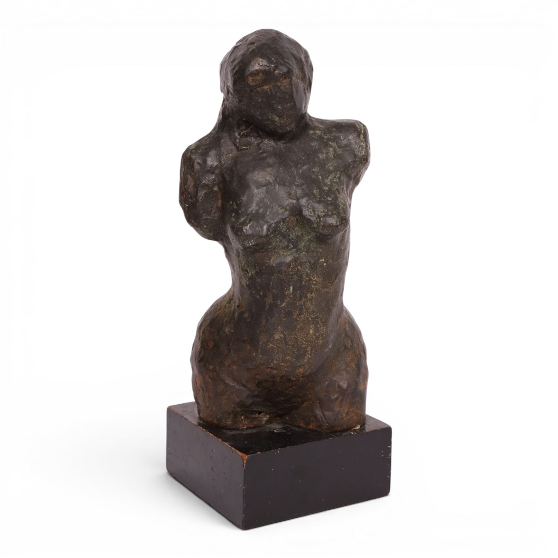 Bronzed sculpture modelled as a female torso, upon a square plinth, H39cm 