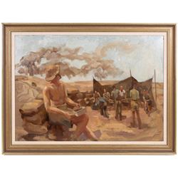 David S M* (British 20th Century): Siege of 'Tobruk - 1941', oil on board, indistinctly signed and titled verso 54cm x 76cm